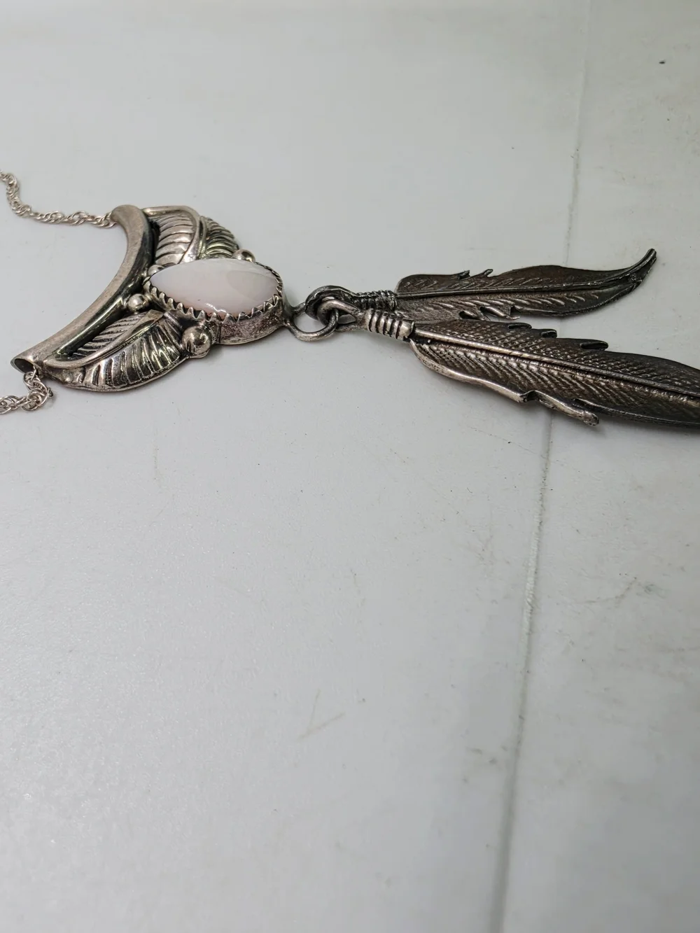 Vintage Native American Sterling Silver MOP White Dangle Feather Necklace Signed
